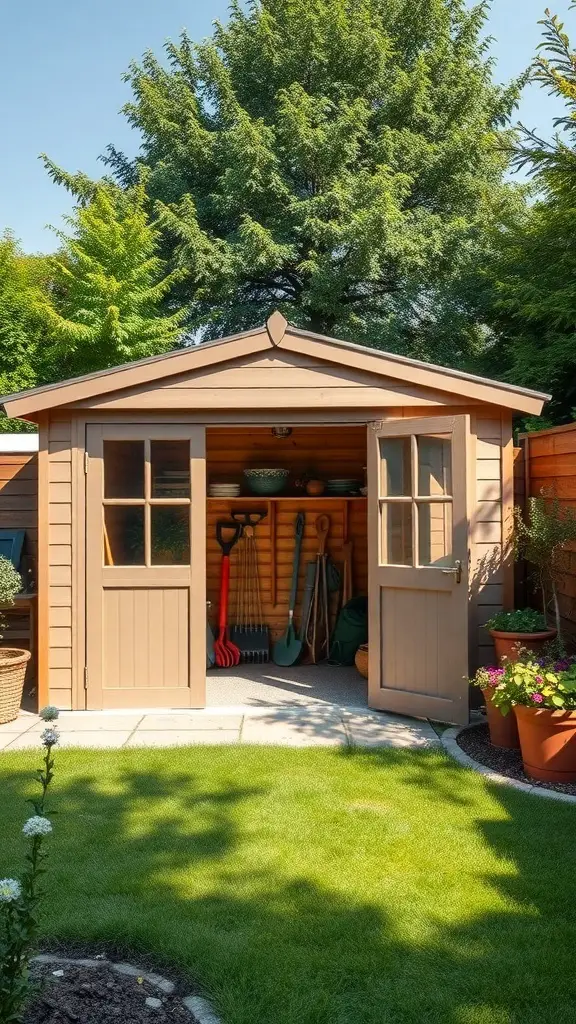 A garden shed with tools organized inside and potted plants outside.