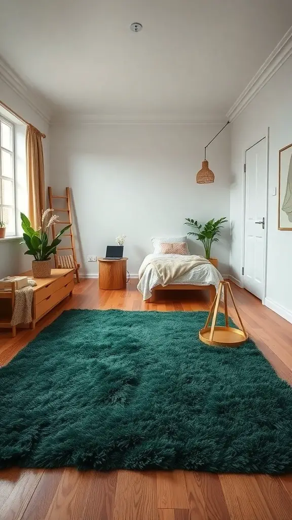 35+ Stunning Dark Green Bedroom Ideas for a Cozy Retreat 15 A cozy bedroom featuring a dark green rug on a wooden floor, with plants and warm decor.