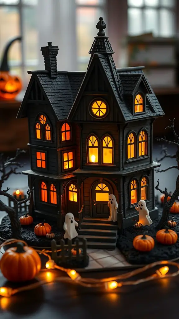 29+ Creative Halloween Craft Ideas to Spookify Your Home 18 A spooky haunted house diorama with glowing windows, ghost figures, and pumpkins.