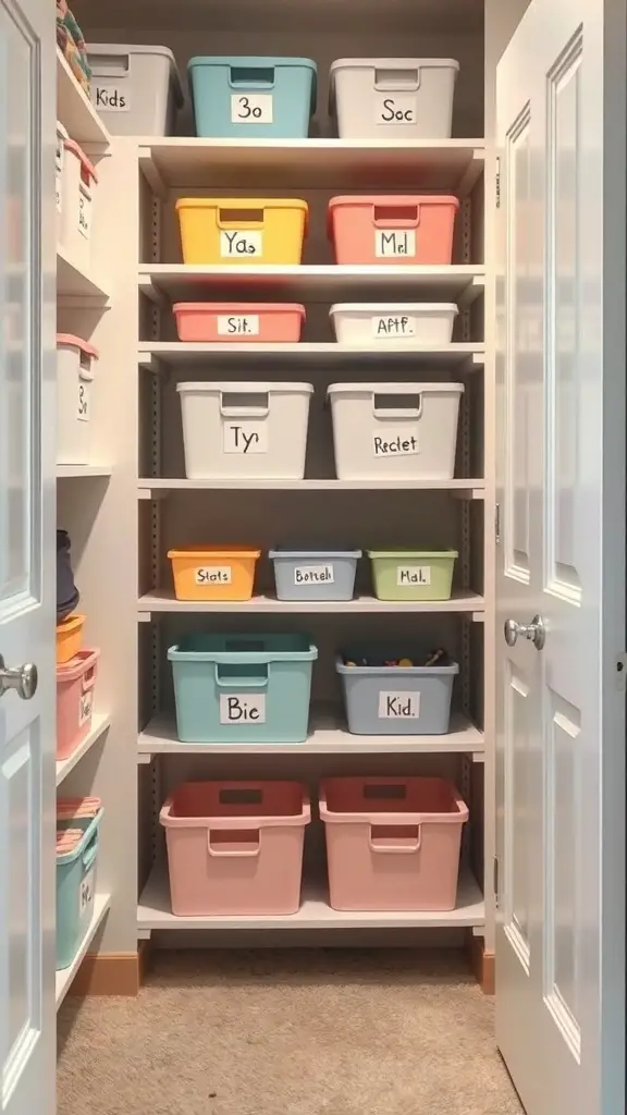 Organized kids closet with labeled bins