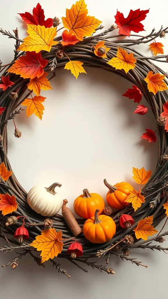 25+ Creative DIY Fall Wreath Ideas to Brighten Your Home 17 A Thanksgiving wreath made of twigs, autumn leaves, and mini pumpkins.