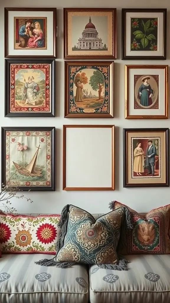 19+ Stunning Vintage Maximalism Decor Ideas to Transform Your Space 17 A wall decorated with framed vintage textile art and colorful pillows on a couch.