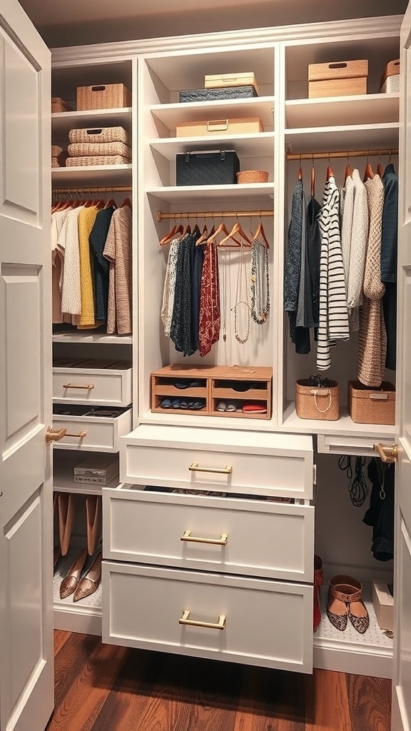 25+ Stylish Closet Ideas Featuring Dressers Inside 21 A well-organized closet with a dresser, featuring clothes, accessories, and storage solutions.
