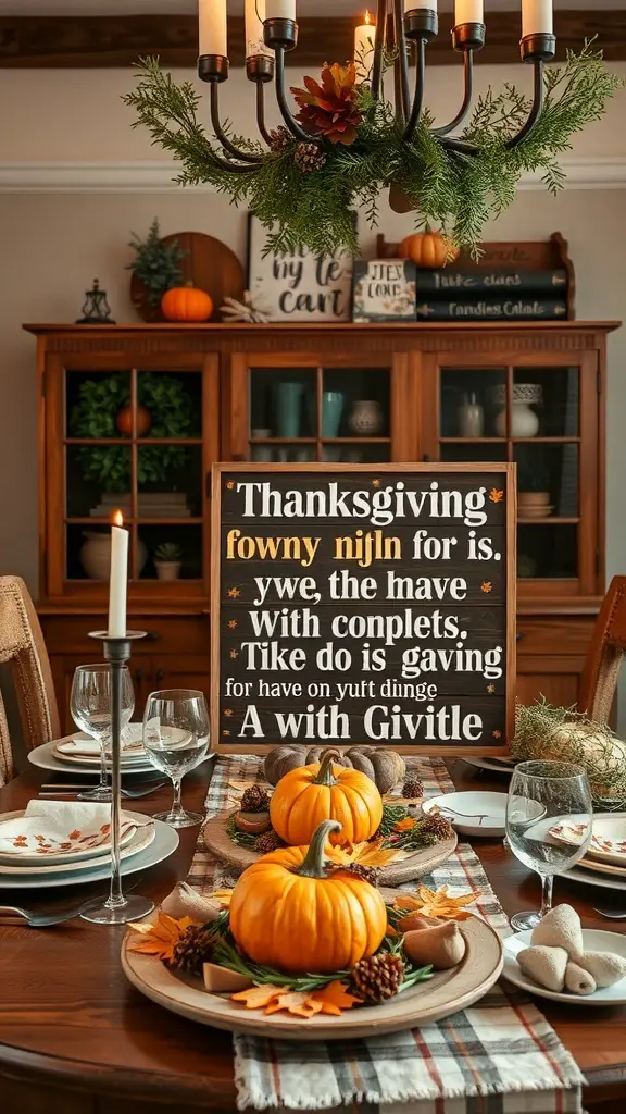29+ Creative Thanksgiving Party Decorations You Need to Try 13 A rustic Thanksgiving table setting with wooden accents, pumpkins, and a decorative sign.