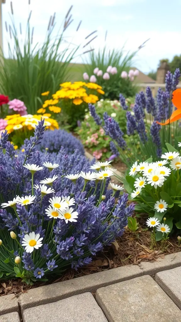 35+ Charming Small English Garden Ideas to Transform Your Outdoor Space 7 A colorful flower bed featuring lavender, daisies, and marigolds in a small garden.