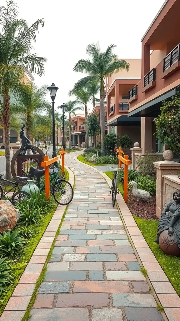 25+ Stunning Sidewalk Landscaping Ideas to Elevate Your Curb Appeal 12 A landscaped sidewalk with colorful gates, bicycles, and sculptures surrounded by greenery.
