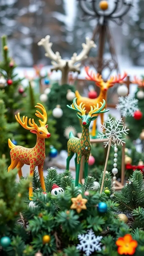 Colorful reindeer garden ornaments surrounded by greenery and festive decorations.