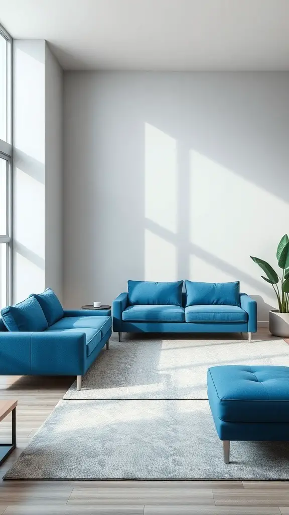 A modern living room featuring a blue sofa, large windows, and a minimalist design.
