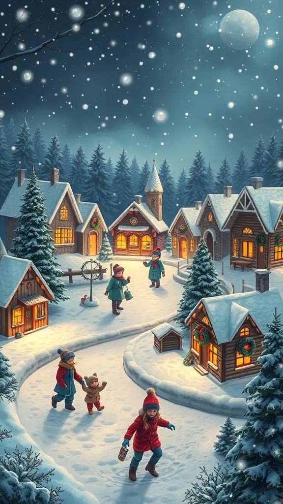 27+ Festive Christmas Painting Ideas to Inspire Your Holiday Spirit 11 A snowy Christmas village scene with children playing and decorated houses.