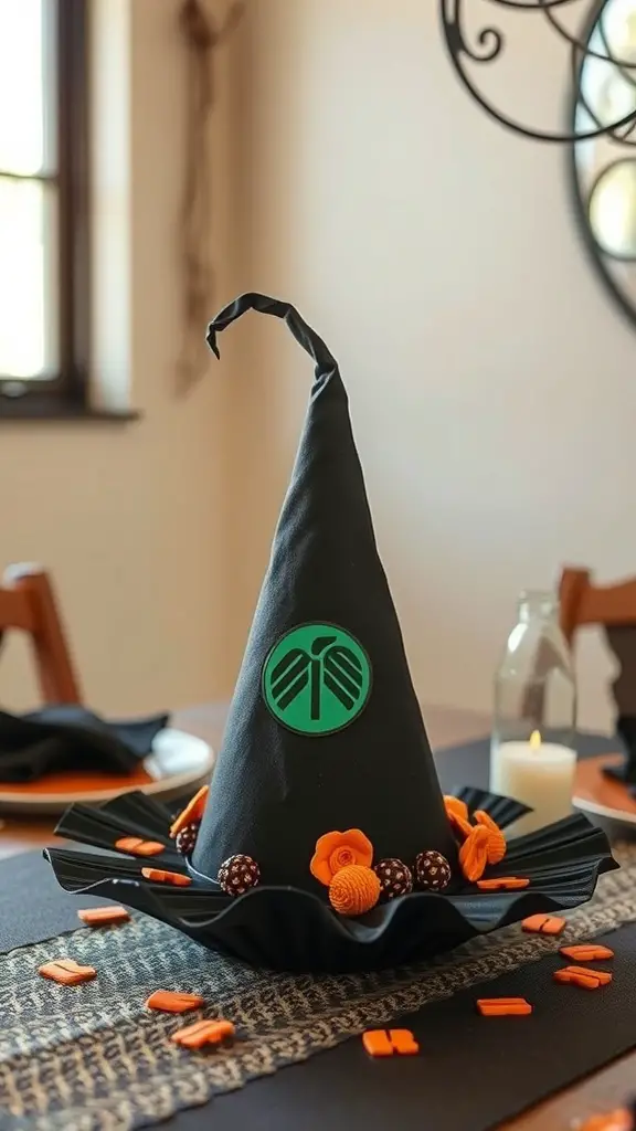 A witch hat centerpiece decorated with orange flowers and candy on a table.