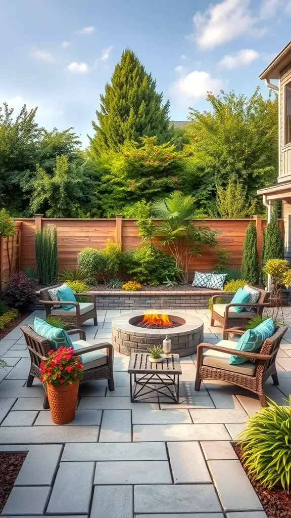 Cozy outdoor living space with chairs around a fire pit, surrounded by greenery and flowers.