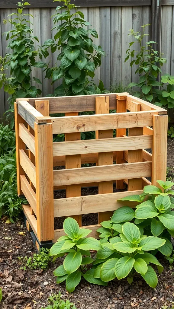 21+ Budget-Friendly Garden Ideas to Transform Your Outdoor Space 13 A wooden compost bin made from pallets, surrounded by green plants.