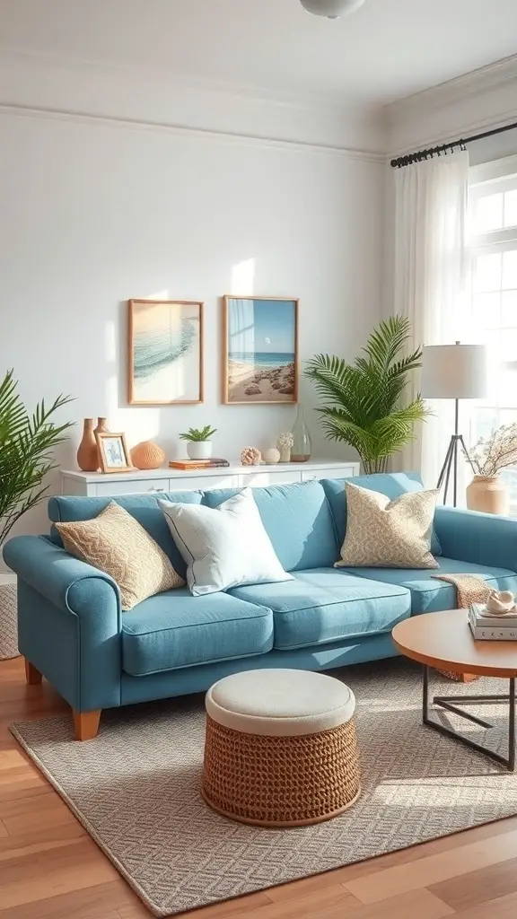 A light blue sofa in a bright living room with coastal decor, including beach-themed artwork and green plants.