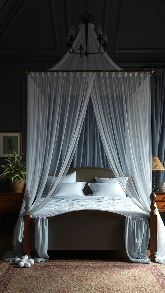 37+ Dark Cottagecore Bedroom Ideas: 15 Must-Have Items for a Cozy Retreat 14 A cozy dark cottagecore bedroom featuring a charming canopy bed with sheer drapes.