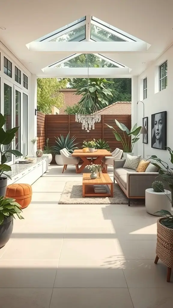 29+ Inspiring London Garden Ideas for Your Urban Oasis 17 A bright indoor-outdoor living space featuring large windows, plants, and stylish furniture.