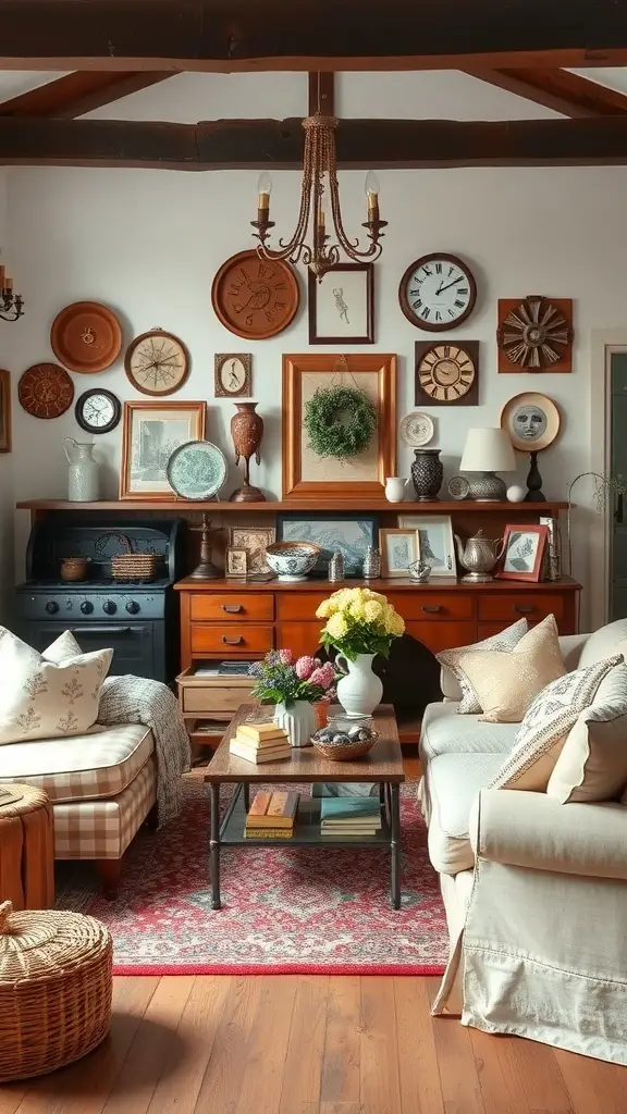 23+ Cozy English Cottage Living Room Ideas for a Warm Home Aesthetic 10 Cozy English cottage living room with eclectic decor, featuring clocks, plates, and warm wooden furniture.
