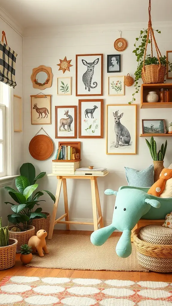 37+ Vintage Kids Room Ideas to Inspire Your Decor 16 A vintage kids room with outdoor-inspired decor featuring animal artwork, plants, and cozy furniture.