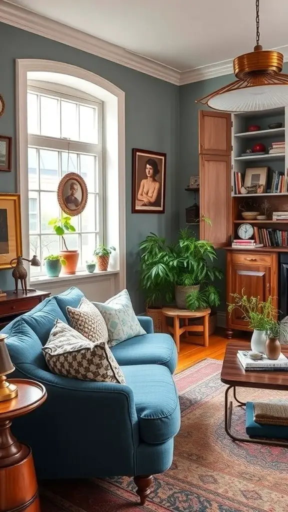 29+ Stunning Blue Couch Living Room Ideas You’ll Love 3 A cozy living room featuring a blue couch, colorful throw pillows, and eclectic wall art.