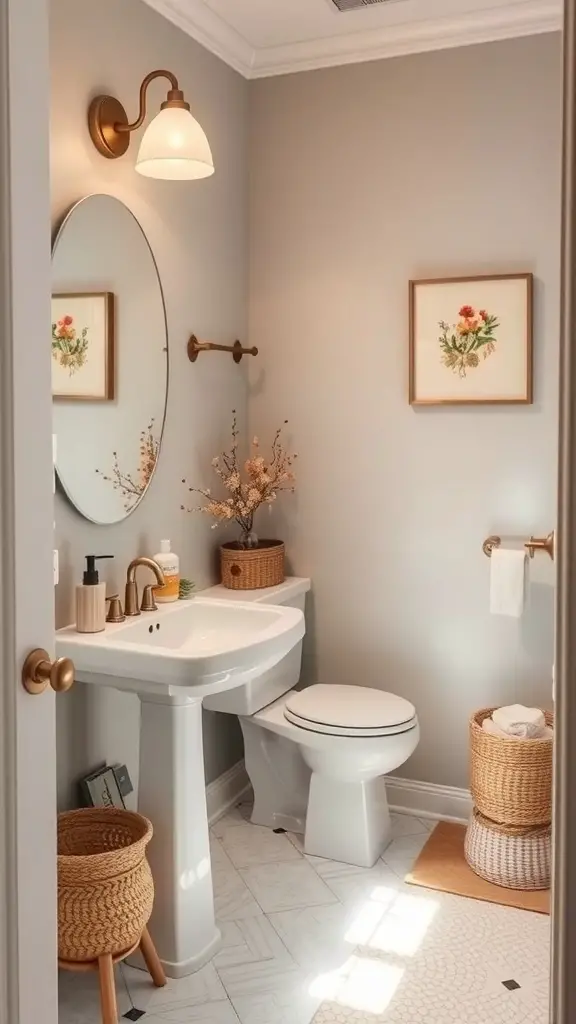 27+ Stunning Statement Powder Room Ideas to Transform Your Space 17 A stylish powder room with neutral tones, decorative elements, and seasonal decor ideas.