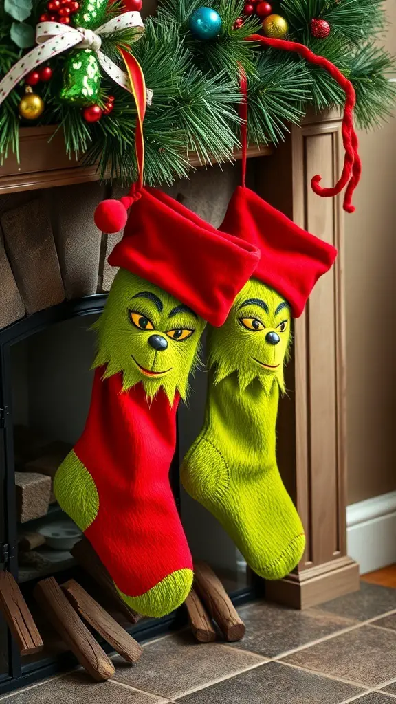 29+ Creative Dollar Tree Grinch Ideas to Spread Holiday Cheer 8 Two Grinch-themed stockings hanging by a fireplace, decorated with a festive wreath.