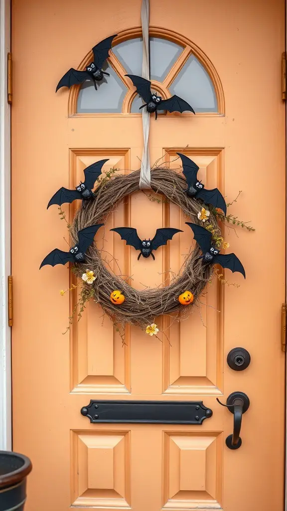 A Halloween wreath featuring black bats, orange pumpkins, and yellow flowers on an orange door.