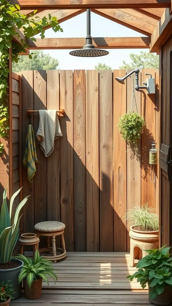 A rustic outdoor shower with wooden walls, a rain showerhead, potted plants, and a small stool.