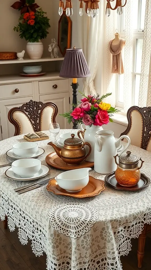 29+ Creative Thanksgiving Party Decorations You Need to Try 20 A vintage Thanksgiving dining setup with white dishware, a lace tablecloth, and a colorful floral centerpiece.