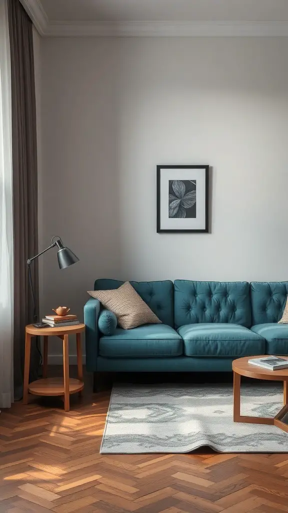Cozy reading nook featuring a teal couch, side table, and warm lighting.