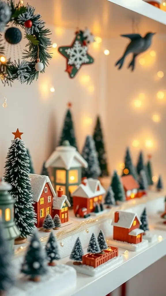 A beautifully arranged Christmas village with miniature houses, trees, and festive decorations.