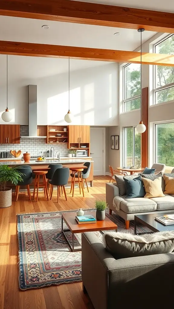 27+ Stunning Open Plan Kitchen Living Room Ideas to Transform Your Space 10 A bright and airy open plan kitchen living room with large windows, wooden beams, and cozy seating.