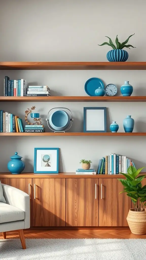 Warm brown wood shelves with blue accessories and a cozy living room setup.