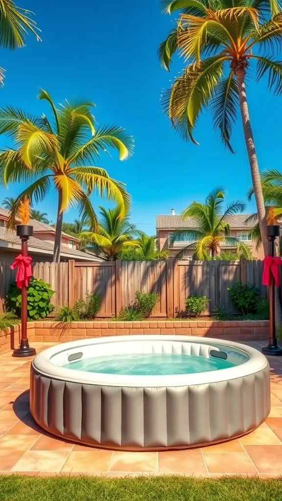 21+ Creative Backyard Inflatable Hot Tub Ideas 4 Inflatable hot tub surrounded by palm trees in a sunny backyard