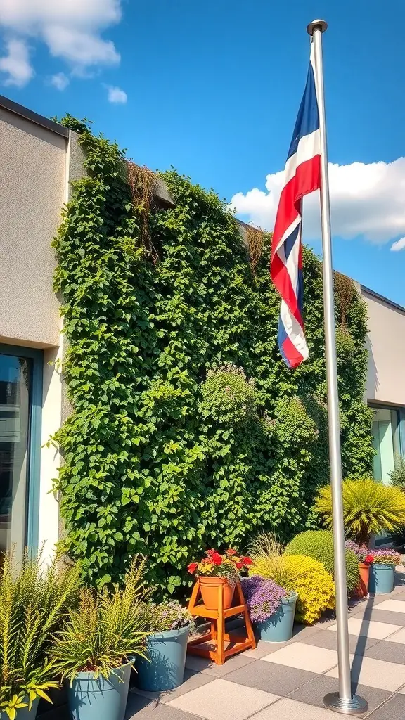 A flag pole surrounded by lush greenery and colorful flowers in pots.