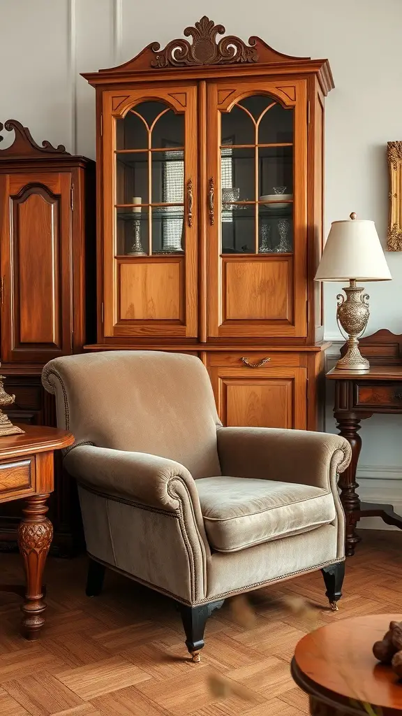 35+ Essential Dark Academia Decor Ideas for a Cozy Aesthetic 6 A cozy dark academia interior featuring an antique wooden cabinet and a plush armchair.