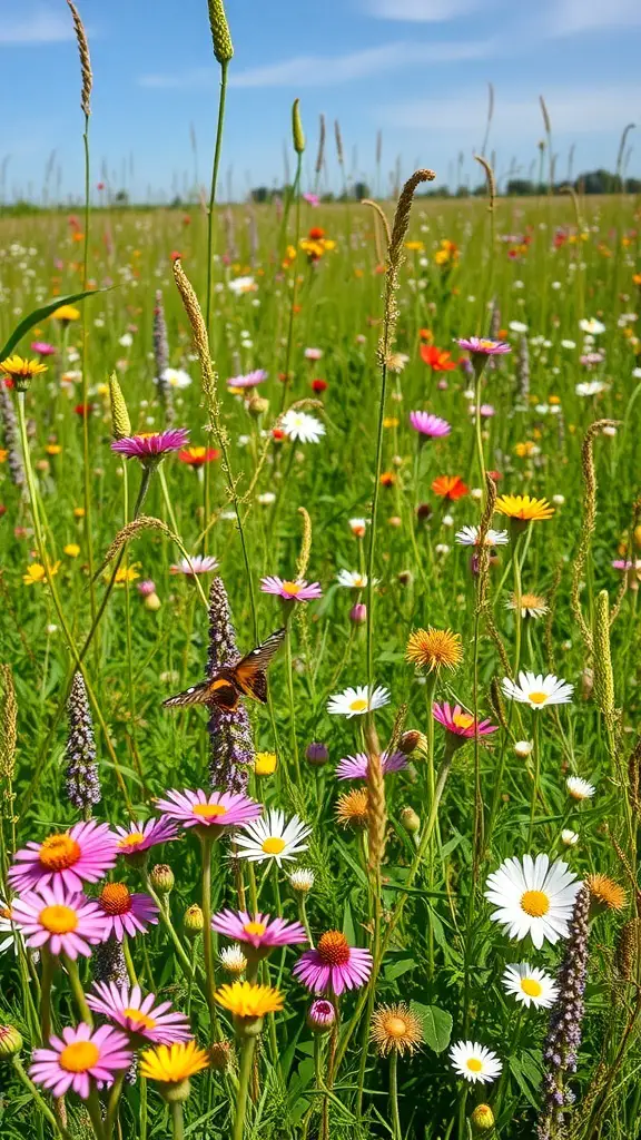 A vibrant wildflower meadow filled with various colorful flowers and a butterfly.