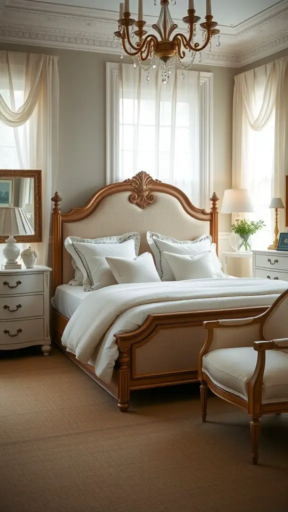 A classic Ralph Lauren bedroom featuring a wooden bed frame, white linens, elegant drapes, and a chandelier.