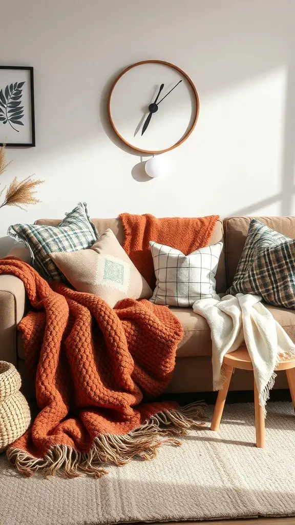 Cozy living room with layered textiles including an orange blanket, patterned cushions, and a woven rug.