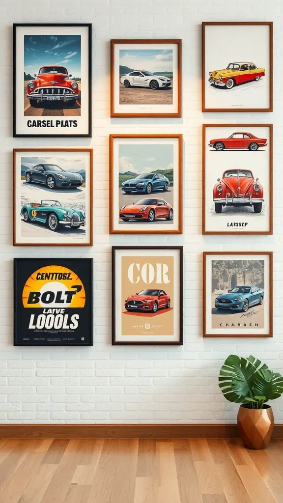 23+ Creative Car Room Decor Ideas for Enthusiasts 18 A collection of car-themed art prints displayed on a wall, featuring various classic and modern cars in stylish frames.