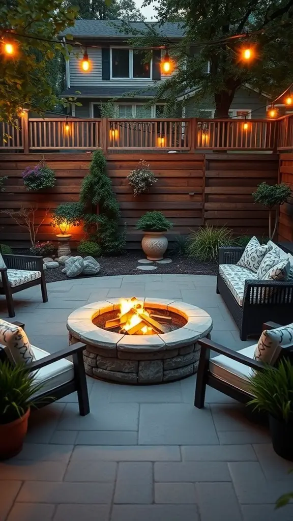 Cozy fire pit area in a backyard with comfortable seating and string lights