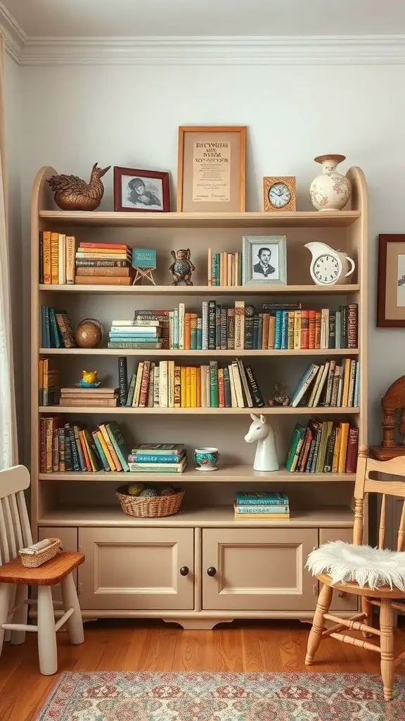 37+ Vintage Kids Room Ideas to Inspire Your Decor 7 A vintage kids' bookshelf filled with colorful books and charming decor.