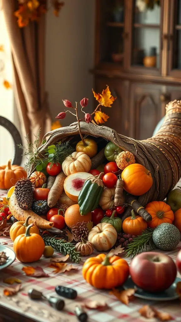 A cornucopia filled with various fruits and vegetables, symbolizing abundance for Thanksgiving.