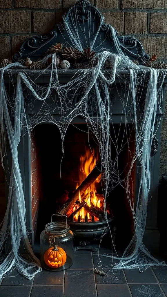 27+ Spooktacular Halloween Fireplace Decor Ideas You Need to Try 14 A fireplace decorated with cobwebs and a glowing jack-o'-lantern.