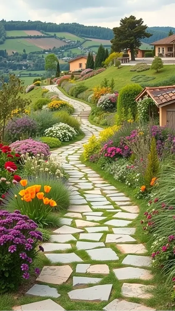 25+ Inspiring Hill Garden Ideas You Need to Try 8 A scenic stone pathway lined with colorful flowers in a hill garden