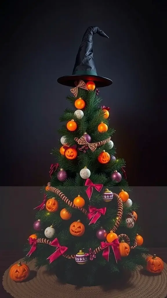 29+ Creative Halloween Christmas Tree Ideas to Spook Up Your Holiday Decor 12 A Christmas tree decorated with a witch's hat, orange and purple ornaments, and jack-o'-lanterns.