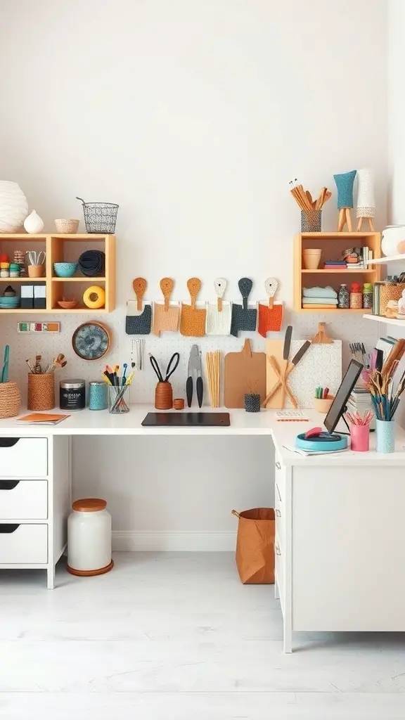 25+ Craft Tables with Storage for Organized Creativity 16 A bright and organized crafting station with foldable extensions, colorful supplies on shelves, and a clean workspace.