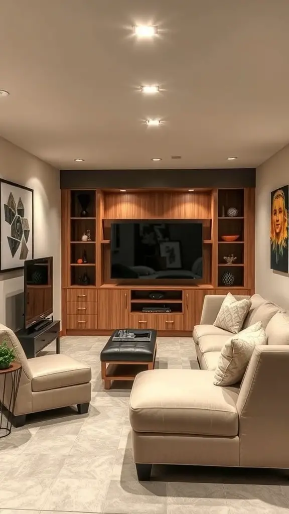 A cozy low ceiling basement with custom built-ins, featuring a wooden entertainment unit, beige furniture, and soft lighting.