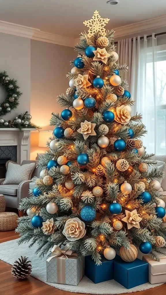 A beautifully decorated Christmas tree with blue and white accents, featuring frosted pinecones and gifts at the base.