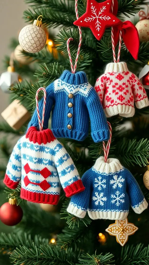 Colorful knitted mini sweater ornaments hanging on a Christmas tree