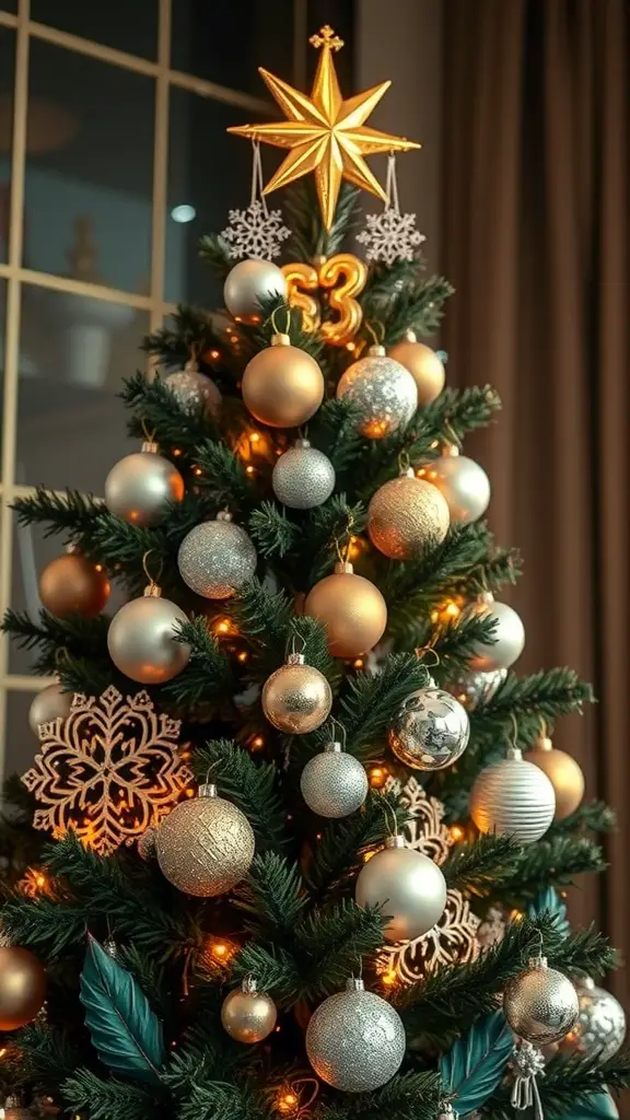27+ Stunning Christmas Tree Décor Ideas You’ll Love 3 A beautifully decorated Christmas tree with silver and gold ornaments, lights, and a golden star on top.