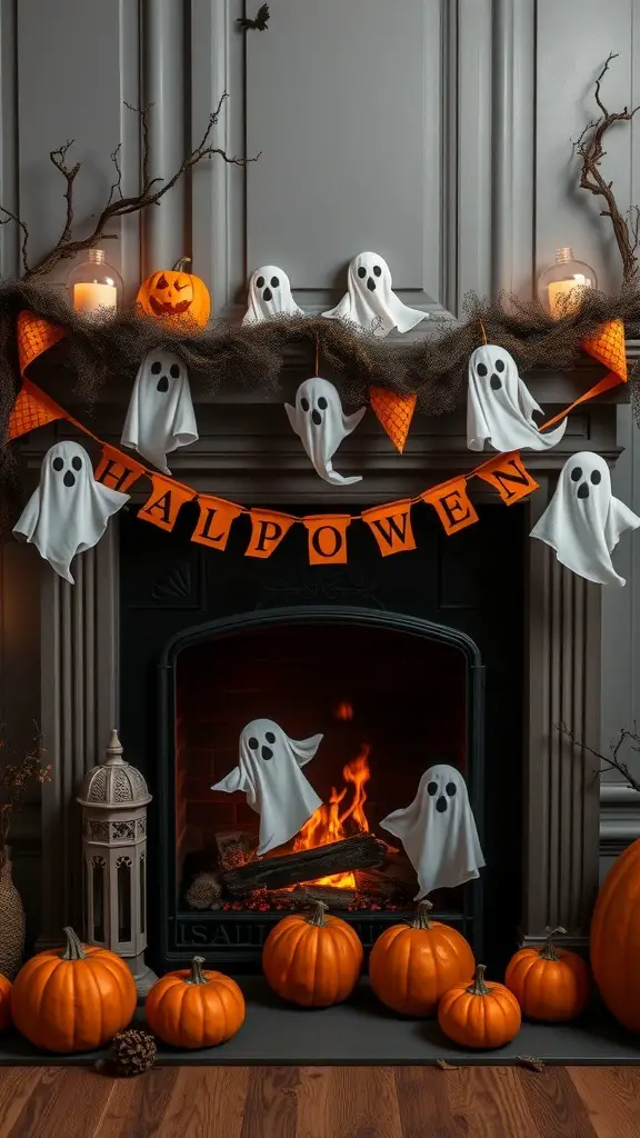 27+ Spooktacular Halloween Fireplace Decor Ideas You Need to Try 9 A fireplace decorated for Halloween with ghost garlands, a pumpkin, and candles.